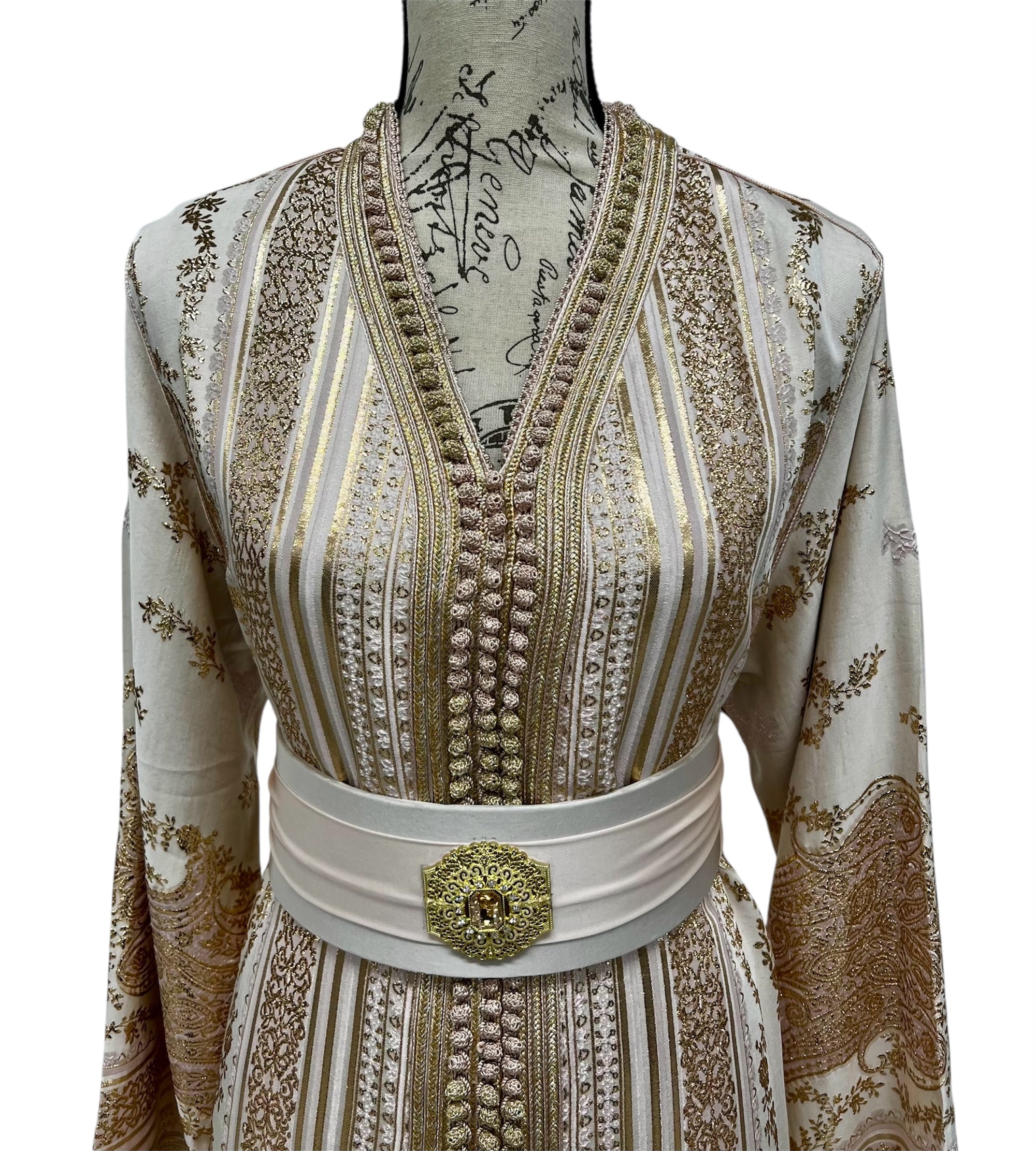 Pink Gold Caftan in Shantung de Soie with Gold Paisley Motifs