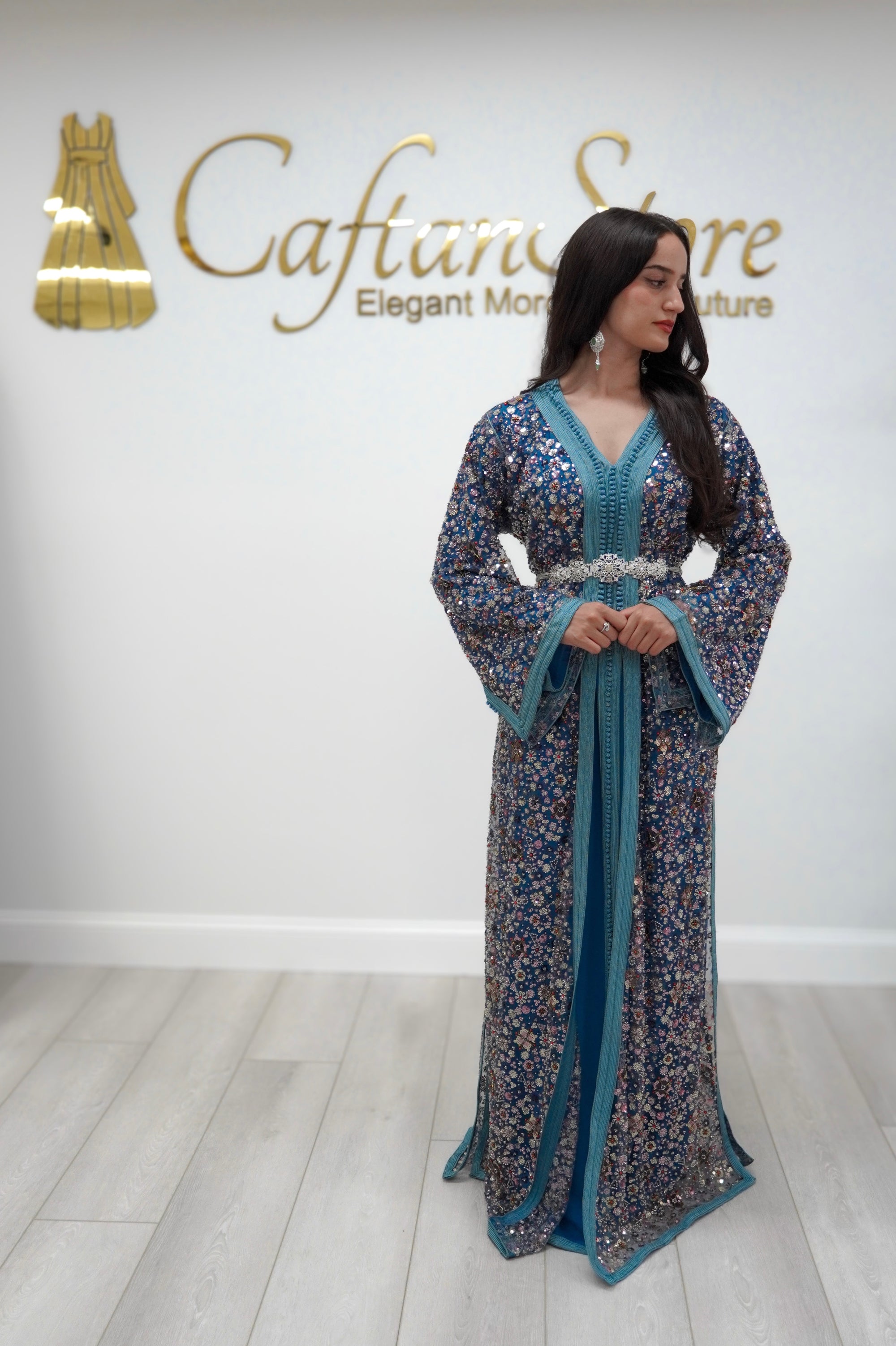 Teal Caftan with Sequins & Beaded Details