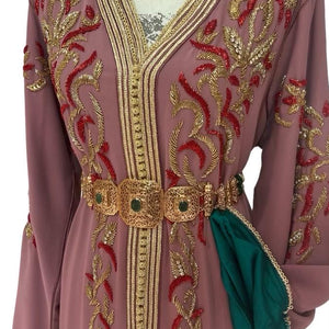 Formal Moroccan Caftan Traditional Bridal Kaftan Hand Beaded Gold Embroidery Mauve Crepe Wedding Dress Green Satin Lining Arabic Formal Gown Bell Sleeves V Neckline Special Occasion Attire Middle Eastern Cultural Dress Luxury Handcrafted