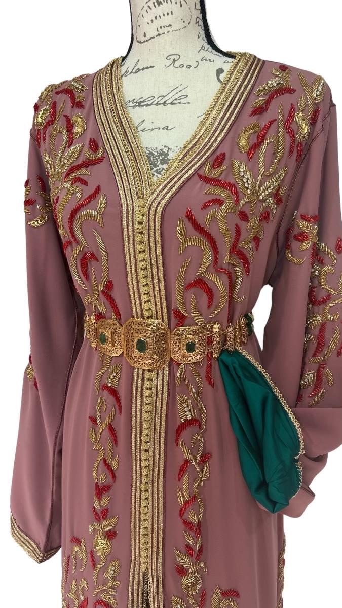 Formal Moroccan Caftan Traditional Bridal Kaftan Hand Beaded Gold Embroidery Mauve Crepe Wedding Dress Green Satin Lining Arabic Formal Gown Bell Sleeves V Neckline Special Occasion Attire Middle Eastern Cultural Dress Luxury Handcrafted