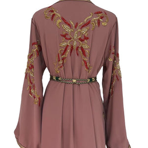 Traditional Moroccan Takchita Bridal Caftan Hand Beaded Embroidery Gold Red Details Mauve Crepe Kaftan Dress Green Satin Lined Gown Arabic Wedding Formal Wear Bell Sleeve Design V Neckline Middle Eastern Special Occasion Attire Luxury