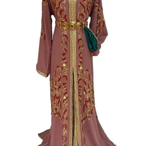 Hand Beaded Moroccan Kaftan Gold Red Embroidery Traditional Bridal Dress Mauve Crepe Formal Caftan Green Satin Lined Gown Arabic Wedding Attire Bell Sleeve Design V Neckline Luxury Middle Eastern Formal Wear Special Occasion Takchita