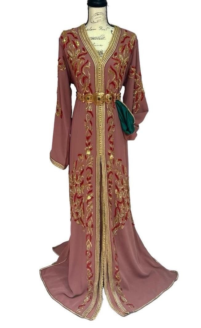 Hand Beaded Moroccan Kaftan Gold Red Embroidery Traditional Bridal Dress Mauve Crepe Formal Caftan Green Satin Lined Gown Arabic Wedding Attire Bell Sleeve Design V Neckline Luxury Middle Eastern Formal Wear Special Occasion Takchita
