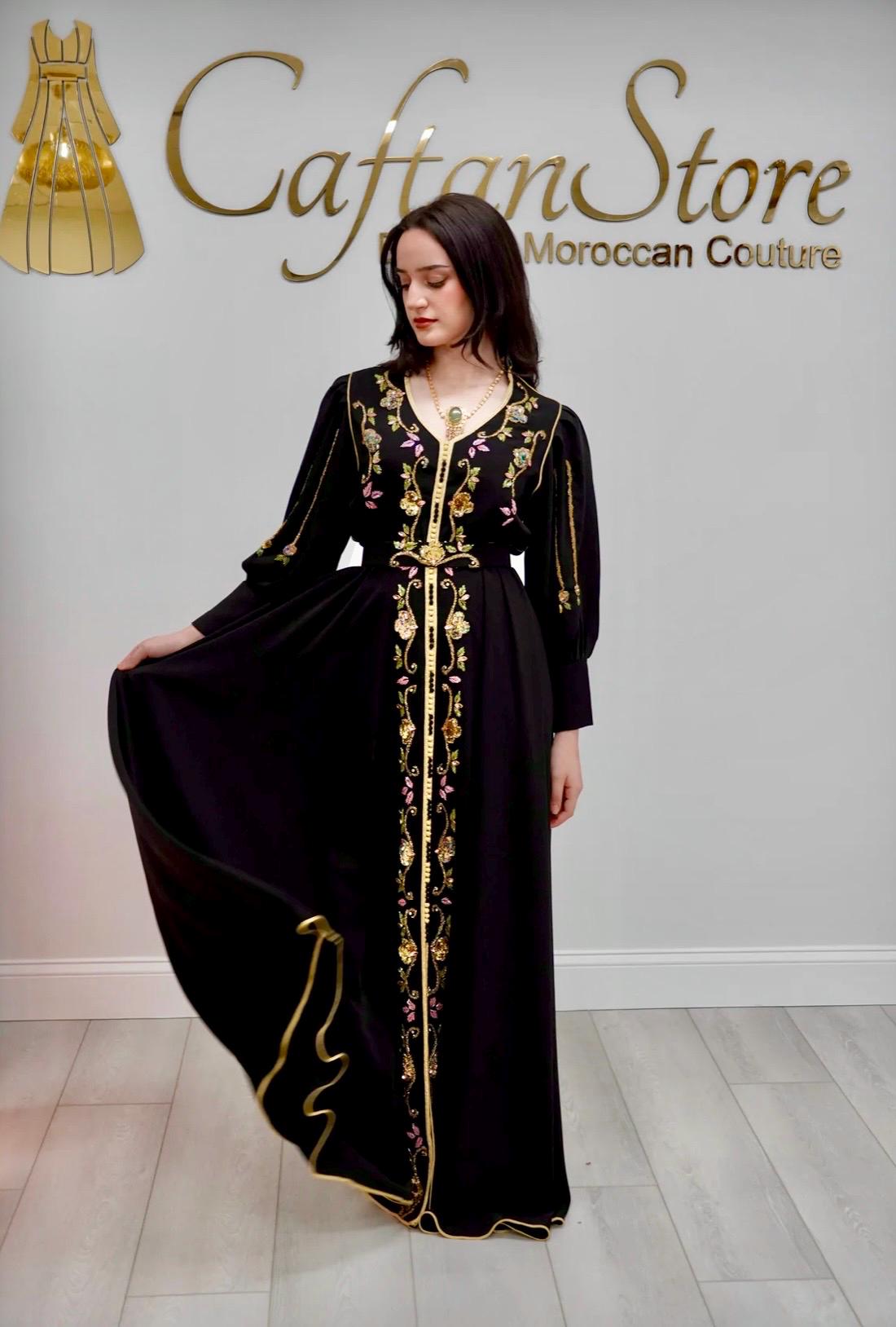 Modest Formal Dress Hand Embroidered Caftan Gown Moroccan Style Design Black Evening Wear Gold Floral Embroidery Beaded Details Special Occasion Outfit Cultural Celebration Dress Engagement Party Fashion Luxury Handmade Couture Elastic