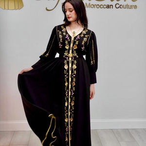 Modest Formal Dress Hand Embroidered Caftan Gown Moroccan Style Design Black Evening Wear Gold Floral Embroidery Beaded Details Special Occasion Outfit Cultural Celebration Dress Engagement Party Fashion Luxury Handmade Couture Elastic
