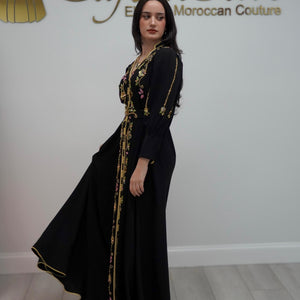 Hand Beaded Evening Gown Moroccan Caftan Style Embroidered Formal Dress Gold Threadwork Design Floral Embellishment Details Black Crepe Fabric Luxury Modest Fashion Special Occasion Dress Engagement Party Attire Cultural Celebration Gown