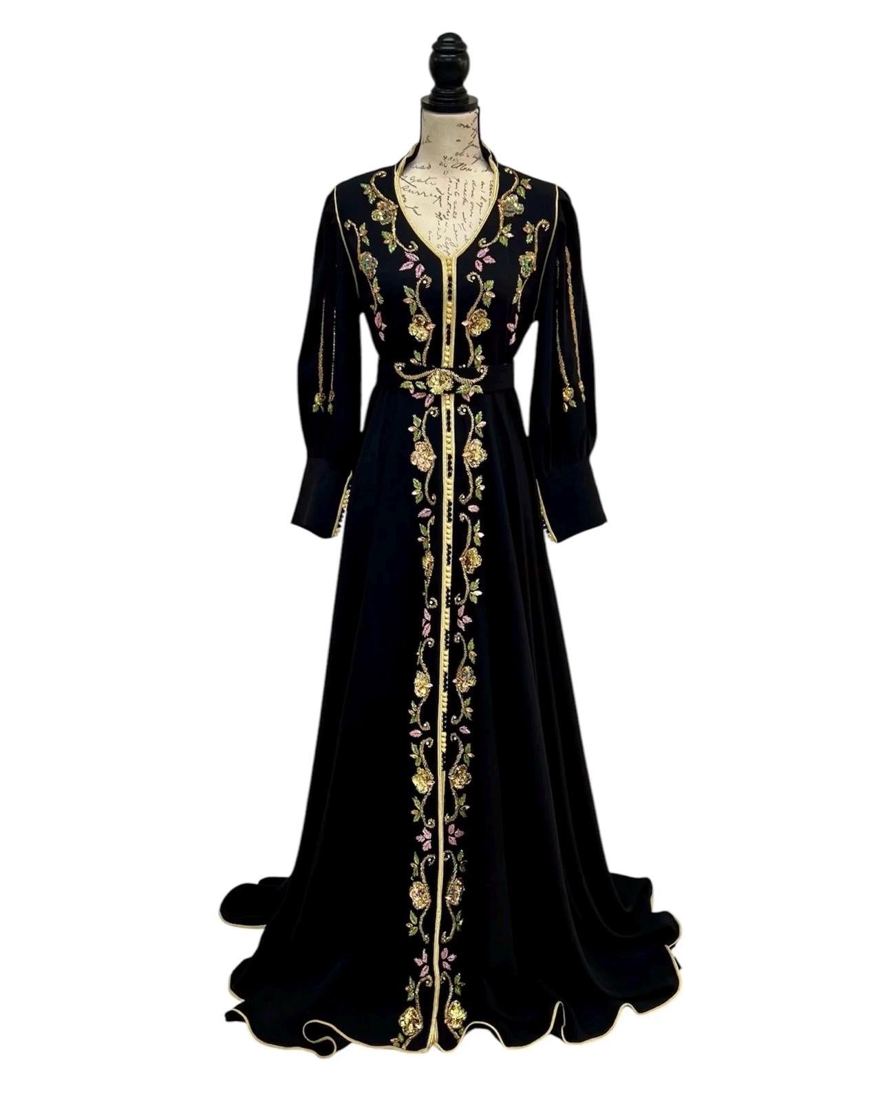 Luxury Evening Gown Hand Beaded Caftan Dress Moroccan Formal Wear Gold Embroidery Details Floral Threadwork Design Black Crepe Fabric Special Occasion Fashion Engagement Party Dress Cultural Celebration Attire Modest Elegant Style Handmade