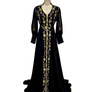 Luxury Evening Gown Hand Beaded Caftan Dress Moroccan Formal Wear Gold Embroidery Details Floral Threadwork Design Black Crepe Fabric Special Occasion Fashion Engagement Party Dress Cultural Celebration Attire Modest Elegant Style Handmade