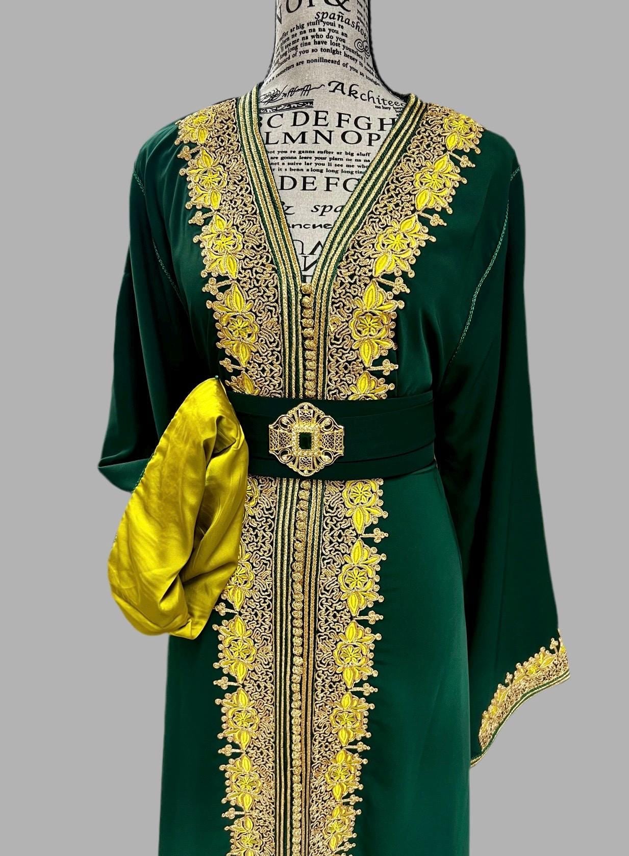 Traditional Moroccan Kaftan Handmade Green Dress Embroidered Gold Design Formal Henna Ceremony Outfit Wedding Celebration Caftan Luxury Couture Gown Wide Flowing Sleeves Arabic Cultural Dress Engagement Party Attire Embellished Belt Details