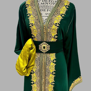 Traditional Moroccan Kaftan Handmade Green Dress Embroidered Gold Design Formal Henna Ceremony Outfit Wedding Celebration Caftan Luxury Couture Gown Wide Flowing Sleeves Arabic Cultural Dress Engagement Party Attire Embellished Belt Details