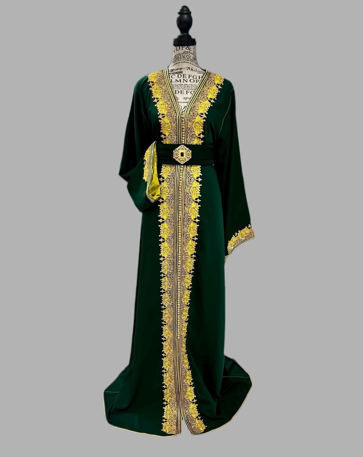Luxury Green Moroccan Caftan Dress Embroidered Gold Details Formal Wedding Kaftan Handmade Couture Gown Traditional Arabic Dress Wide Sleeves Satin Lined Design Embellished Belt Detail Henna Night Outfit Engagement Celebration Wear Special