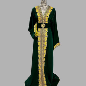 Luxury Green Moroccan Caftan Dress Embroidered Gold Details Formal Wedding Kaftan Handmade Couture Gown Traditional Arabic Dress Wide Sleeves Satin Lined Design Embellished Belt Detail Henna Night Outfit Engagement Celebration Wear Special