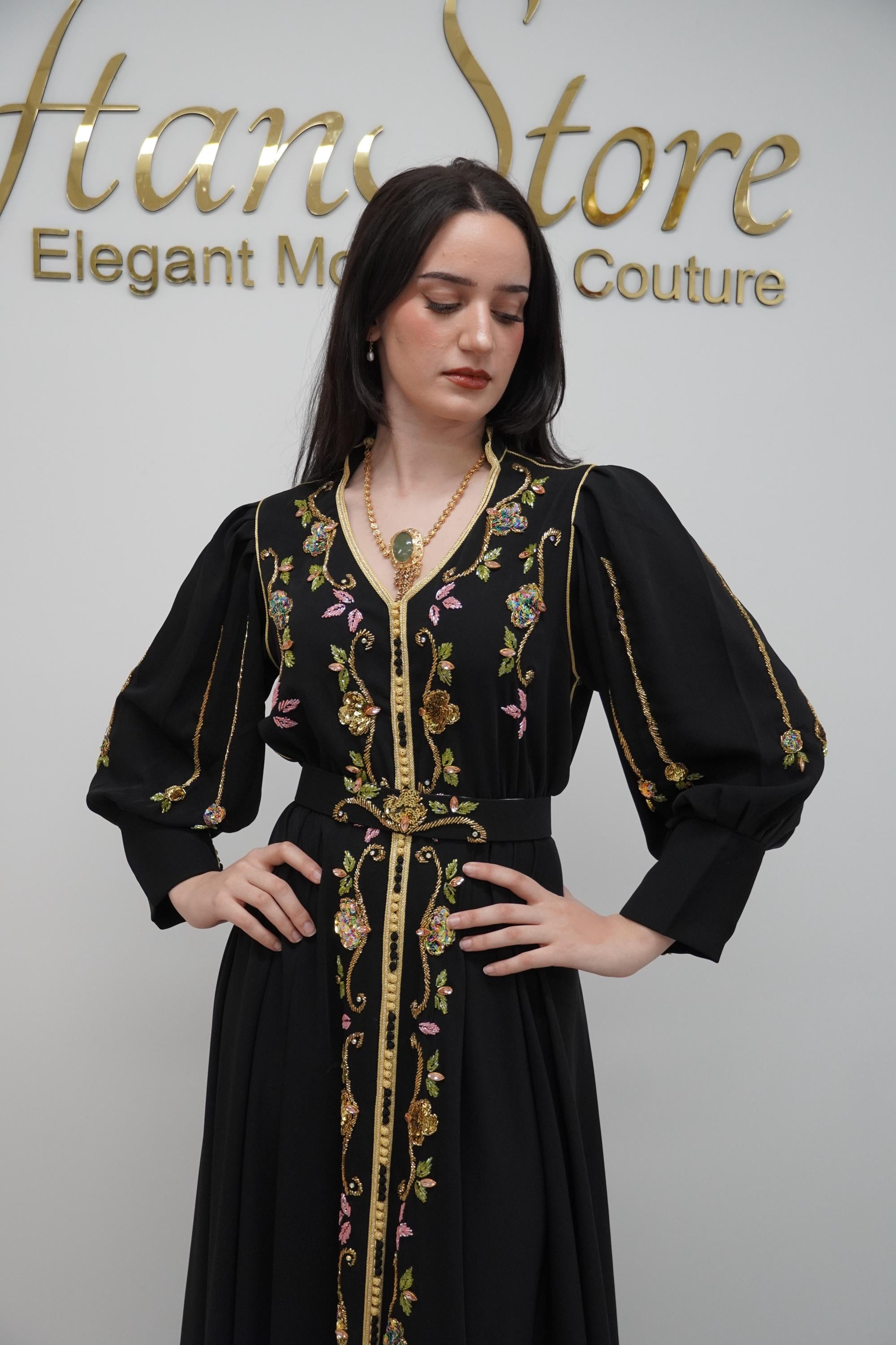 Moroccan Caftan Dress Hand Beaded Gown Black Crepe Fabric Gold Embroidery Design Floral Threadwork Details Engagement Party Dress Formal Evening Wear Modest Fashion Statement Luxury Couture Gown Special Occasion Attire Elastic Waist Belt