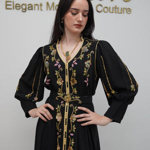 Moroccan Caftan Dress Hand Beaded Gown Black Crepe Fabric Gold Embroidery Design Floral Threadwork Details Engagement Party Dress Formal Evening Wear Modest Fashion Statement Luxury Couture Gown Special Occasion Attire Elastic Waist Belt