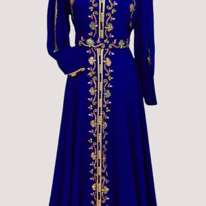 Formal Occasion Moroccan Caftan Royal Blue Embroidered Gown Traditional Kaftan Dress Handmade Gold Details Wedding Guest Attire Elegant Evening Wear Cultural Celebration Dress Beaded Luxury Design Special Event Gown Belted Waist Long Sleeve