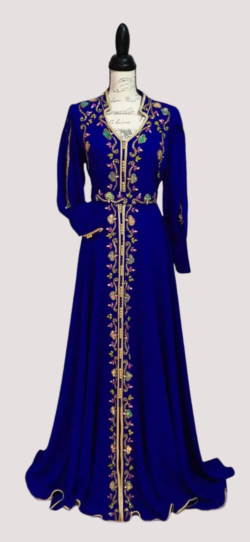 Formal Occasion Moroccan Caftan Royal Blue Embroidered Gown Traditional Kaftan Dress Handmade Gold Details Wedding Guest Attire Elegant Evening Wear Cultural Celebration Dress Beaded Luxury Design Special Event Gown Belted Waist Long Sleeve