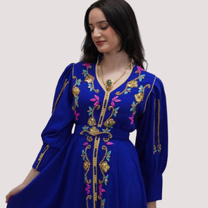 Royal Blue Moroccan Caftan Dress Traditional Kaftan Gown Handmade Embroidered Gold Details Beaded Accents Wedding Guest Attire Special Occasion Dress Cultural Celebration Gown Elegant Formal Evening Wear Belted Waist Fitted Silhouette Long