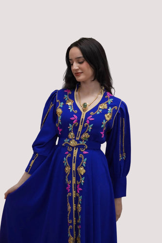Royal Blue Moroccan Caftan Dress Traditional Kaftan Gown Handmade Embroidered Gold Details Beaded Accents Wedding Guest Attire Special Occasion Dress Cultural Celebration Gown Elegant Formal Evening Wear Belted Waist Fitted Silhouette Long