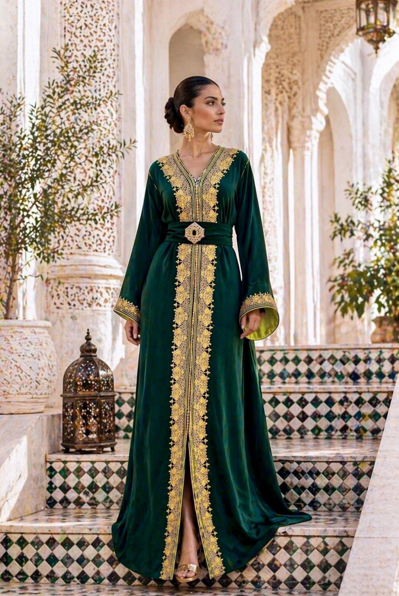 Embroidered Moroccan Caftan – Handmade Green Formal Engagement Couture