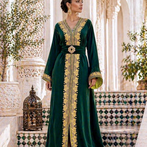 Handmade Embroidered Moroccan Caftan Green Formal Wedding Dress Gold Details Traditional Kaftan Design Luxury Couture Gown Henna Ceremony Outfit Engagement Party Dress Wide Flowing Sleeves Satin Lining Embellished Belt Arabic Bridal Wear