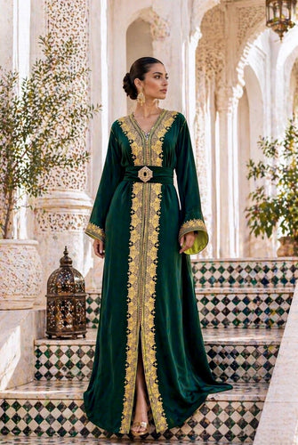 Handmade Embroidered Moroccan Caftan Green Formal Wedding Dress Gold Details Traditional Kaftan Design Luxury Couture Gown Henna Ceremony Outfit Engagement Party Dress Wide Flowing Sleeves Satin Lining Embellished Belt Arabic Bridal Wear