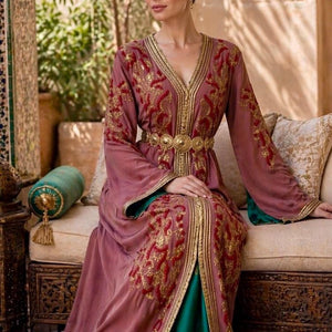 Luxury Moroccan Bridal Kaftan Mauve Crepe Caftan Hand Beaded Gold Embroidery Green Satin Lining Traditional Arabic Formal Dress Bell Sleeves V Neckline Wedding Attire Middle Eastern Gown Special Occasion Takchita Handcrafted Cultural