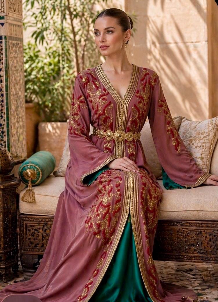 Luxury Moroccan Bridal Kaftan Mauve Crepe Caftan Hand Beaded Gold Embroidery Green Satin Lining Traditional Arabic Formal Dress Bell Sleeves V Neckline Wedding Attire Middle Eastern Gown Special Occasion Takchita Handcrafted Cultural