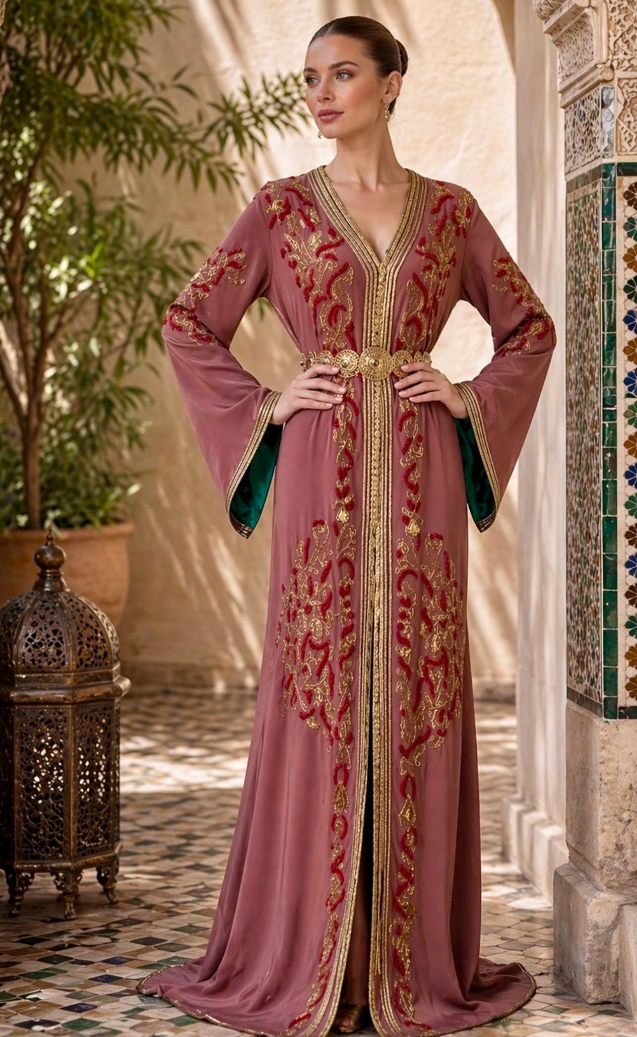 Moroccan Bridal Caftan Hand Beaded Gold Embroidery Wedding Dress Mauve Crepe Kaftan Green Satin Lining Traditional Arabic Formal Wear Bell Sleeves V Neckline Special Occasion Gown Luxury Handcrafted Takchita Middle Eastern Wedding Attire