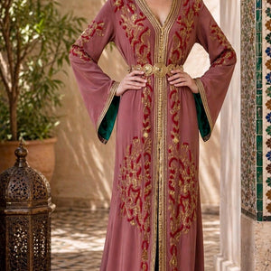Moroccan Bridal Caftan Hand Beaded Gold Embroidery Wedding Dress Mauve Crepe Kaftan Green Satin Lining Traditional Arabic Formal Wear Bell Sleeves V Neckline Special Occasion Gown Luxury Handcrafted Takchita Middle Eastern Wedding Attire