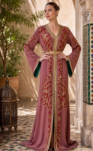 Moroccan Bridal Caftan Hand Beaded Gold Embroidery Wedding Dress Mauve Crepe Kaftan Green Satin Lining Traditional Arabic Formal Wear Bell Sleeves V Neckline Special Occasion Gown Luxury Handcrafted Takchita Middle Eastern Wedding Attire