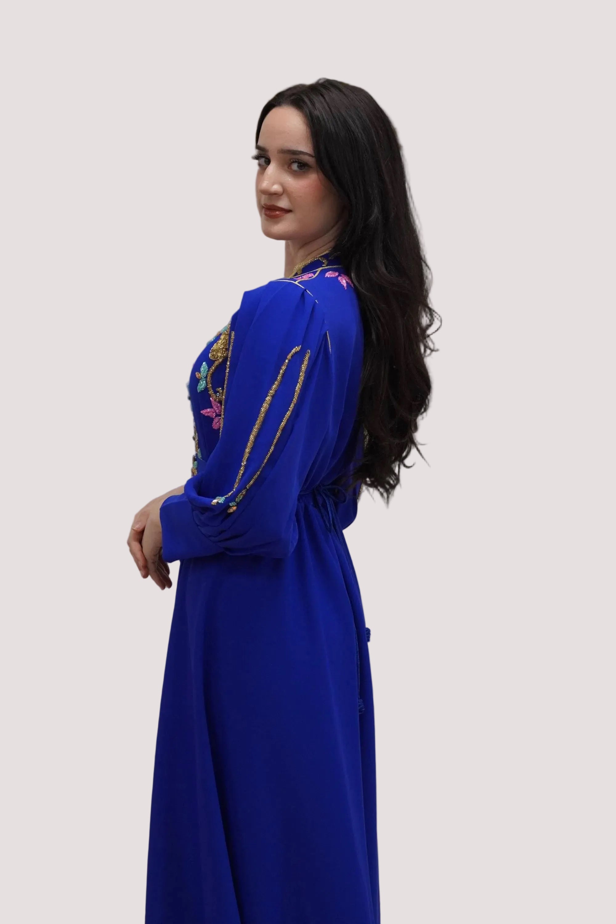 Traditional Moroccan Kaftan Dress Royal Blue Caftan Gown Handmade Gold Embroidered Details Cultural Celebration Attire Formal Wedding Guest Dress Beaded Luxury Design Elegant Evening Wear Special Occasion Gown Belted Waist Fitted Style Long