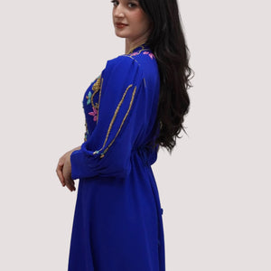 Traditional Moroccan Kaftan Dress Royal Blue Caftan Gown Handmade Gold Embroidered Details Cultural Celebration Attire Formal Wedding Guest Dress Beaded Luxury Design Elegant Evening Wear Special Occasion Gown Belted Waist Fitted Style Long
