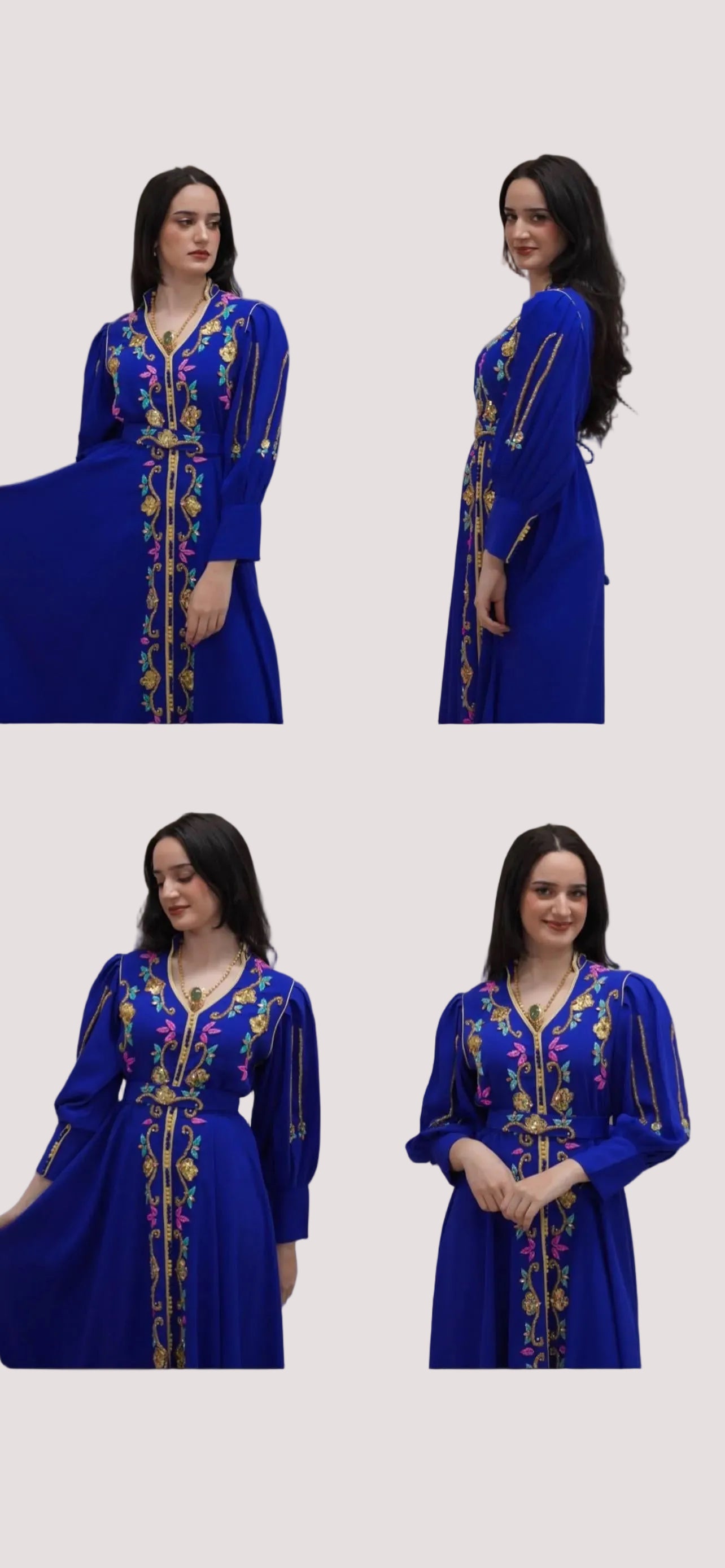 Handmade Embroidered Moroccan Dress Gold Embroidery Details Royal Blue Kaftan Gown Traditional Formal Attire Beaded Luxury Caftan Wedding Ceremony Dress Special Occasion Wear Cultural Event Gown Elegant Couture Design Belted Waist Long