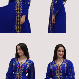 Handmade Embroidered Moroccan Dress Gold Embroidery Details Royal Blue Kaftan Gown Traditional Formal Attire Beaded Luxury Caftan Wedding Ceremony Dress Special Occasion Wear Cultural Event Gown Elegant Couture Design Belted Waist Long