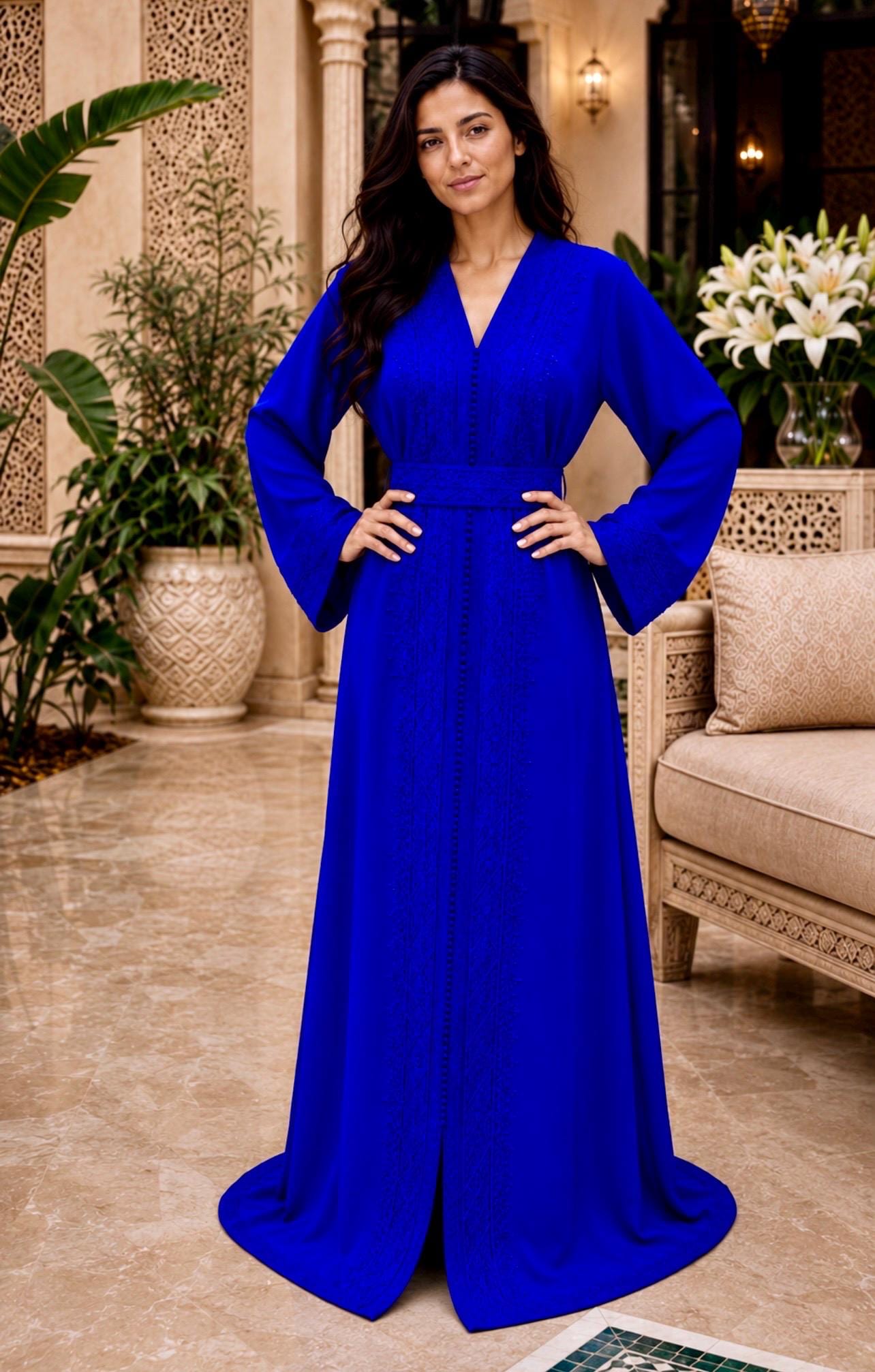 Modest Formal Dress Long Sleeve Evening Gown Traditional Moroccan Kaftan Royal Blue Embroidered Design V Neck Elegant Attire Wedding Guest Outfit Perfect Eid Celebration Dress Floor Length Muslim Fashion Belted Waist Kaftan Henna Ceremony