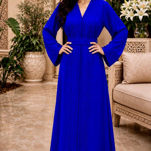 Modest Formal Dress Long Sleeve Evening Gown Traditional Moroccan Kaftan Royal Blue Embroidered Design V Neck Elegant Attire Wedding Guest Outfit Perfect Eid Celebration Dress Floor Length Muslim Fashion Belted Waist Kaftan Henna Ceremony