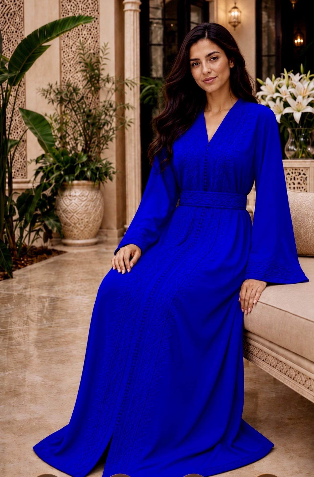 Royal Blue Moroccan Caftan Dress Traditional Embroidered Gown Long Sleeve Modest Evening Wear Perfect Wedding Guest Outfit Eid Celebration Attire Formal Event Dress Floor Length Elegant Kaftan V Neck Design Belted Waist Muslim Fashion