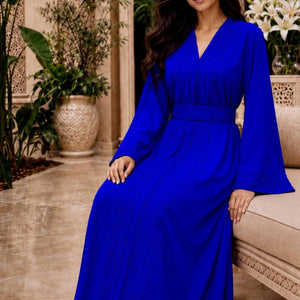 Royal Blue Moroccan Caftan Dress Traditional Embroidered Gown Long Sleeve Modest Evening Wear Perfect Wedding Guest Outfit Eid Celebration Attire Formal Event Dress Floor Length Elegant Kaftan V Neck Design Belted Waist Muslim Fashion