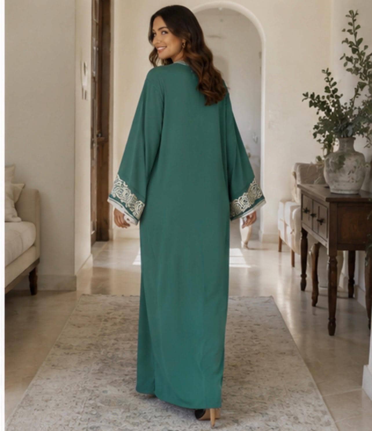 Traditional Moroccan Dress Embroidered Caftan Kaftan Modest Islamic Clothing Elegant Formal Wear Wedding Engagement Outfit Eid Celebration Dress Silver Embroidery Sfifa Trim Teal Green Crepe Fabric Satin Lined Women Formal Attire Arabian