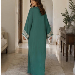 Traditional Moroccan Dress Embroidered Caftan Kaftan Modest Islamic Clothing Elegant Formal Wear Wedding Engagement Outfit Eid Celebration Dress Silver Embroidery Sfifa Trim Teal Green Crepe Fabric Satin Lined Women Formal Attire Arabian