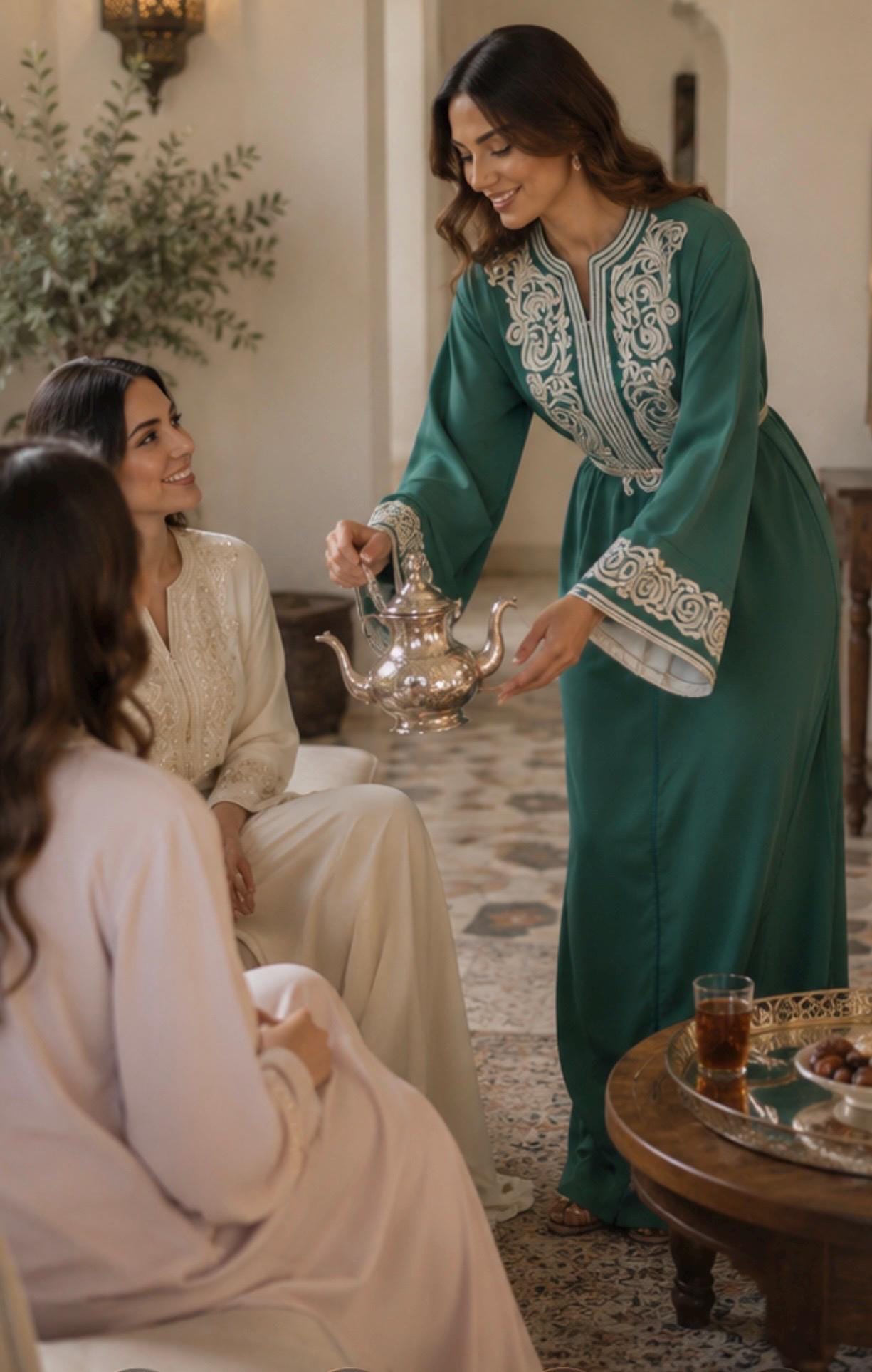 Elegant Caftan Dress Moroccan Traditional Kaftan Luxurious Embroidered Clothing Silver Embroidery Details Modest Islamic Formal Wear Wedding Engagement Dress Eid Ramadan Celebration Outfit Teal Green Crepe Satin Lined Women Attire Arabian