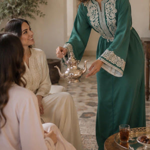 Elegant Caftan Dress Moroccan Traditional Kaftan Luxurious Embroidered Clothing Silver Embroidery Details Modest Islamic Formal Wear Wedding Engagement Dress Eid Ramadan Celebration Outfit Teal Green Crepe Satin Lined Women Attire Arabian