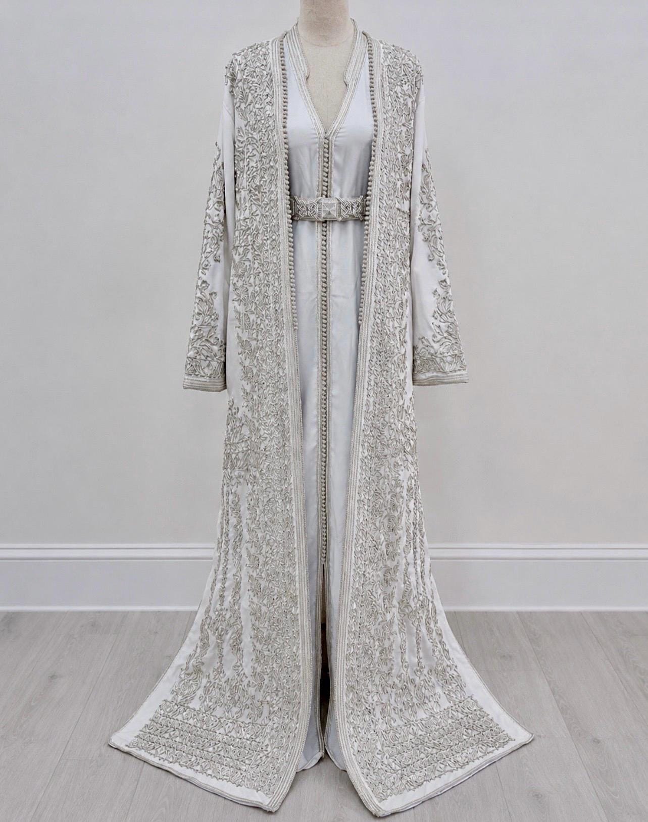 Modest Bridal Gown Islamic Wedding Dress White Embroidered Caftan Moroccan Traditional Kaftan Silver Beading Details Two Piece Ceremony Set Nikkah Attire Henna Party Outfit Satin Lined Overlay Sleeveless Crepe Inner Dress Elegant North