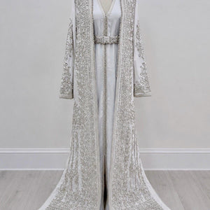 Modest Bridal Gown Islamic Wedding Dress White Embroidered Caftan Moroccan Traditional Kaftan Silver Beading Details Two Piece Ceremony Set Nikkah Attire Henna Party Outfit Satin Lined Overlay Sleeveless Crepe Inner Dress Elegant North