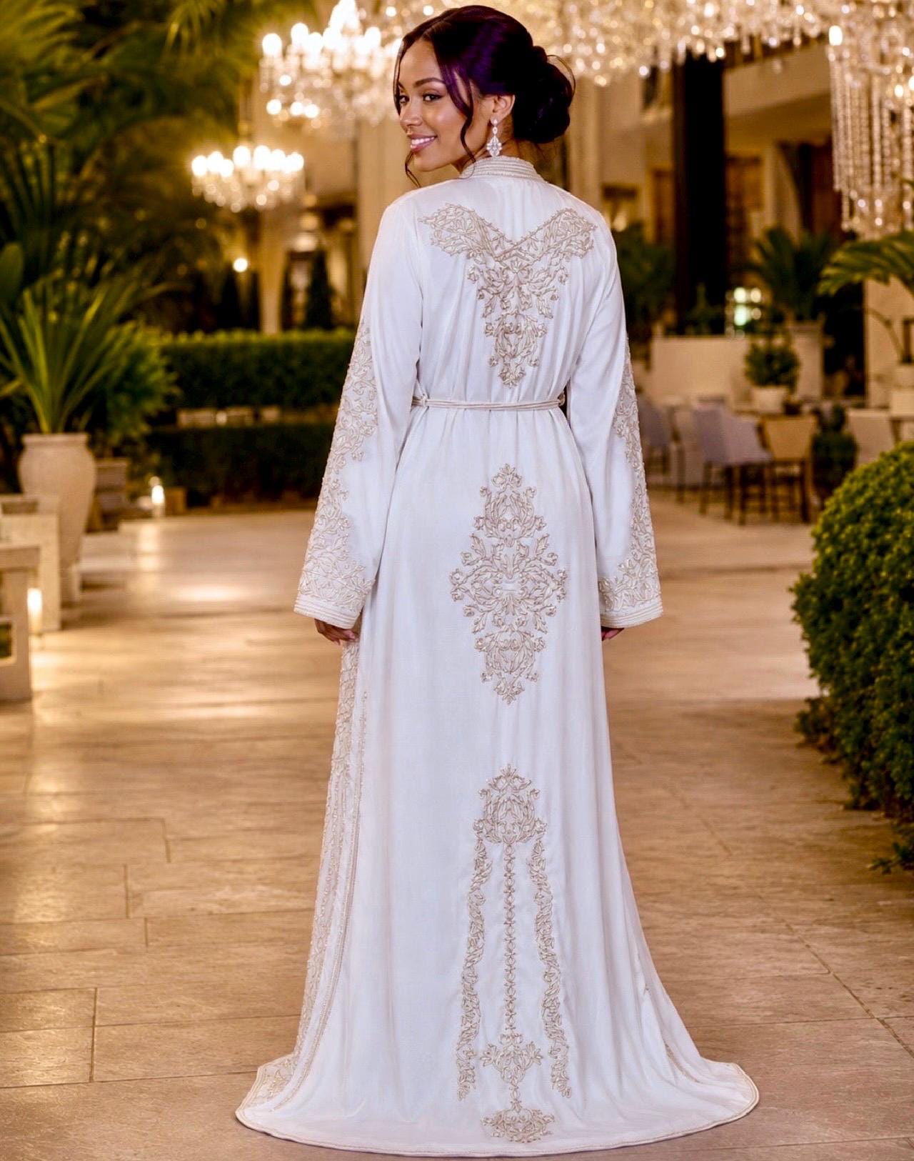 White Bridal Caftan Embroidered Wedding Kaftan Moroccan Traditional Dress Silver Beading Details Satin Lined Overlay Modest Ceremony Gown Nikkah Outfit Henna Party Attire Two Piece Bridal Set Sleeveless Crepe Dress Elegant Islamic Wedding