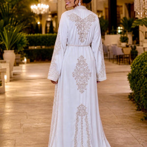 White Bridal Caftan Embroidered Wedding Kaftan Moroccan Traditional Dress Silver Beading Details Satin Lined Overlay Modest Ceremony Gown Nikkah Outfit Henna Party Attire Two Piece Bridal Set Sleeveless Crepe Dress Elegant Islamic Wedding