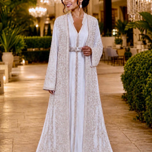 Moroccan Wedding Dress White Bridal Caftan Silver Embroidery Beading Two Piece Set Nikkah Ceremony Dress Henna Party Outfit Modest Bridal Gown Satin Lined Overlay Sleeveless Crepe Inner Dress Traditional Islamic Wedding Attire Elegant North