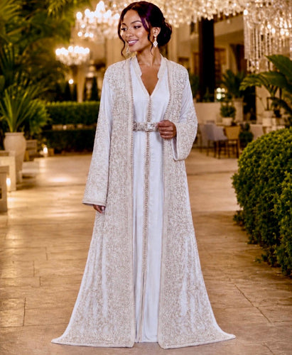 Moroccan Wedding Dress White Bridal Caftan Silver Embroidery Beading Two Piece Set Nikkah Ceremony Dress Henna Party Outfit Modest Bridal Gown Satin Lined Overlay Sleeveless Crepe Inner Dress Traditional Islamic Wedding Attire Elegant North