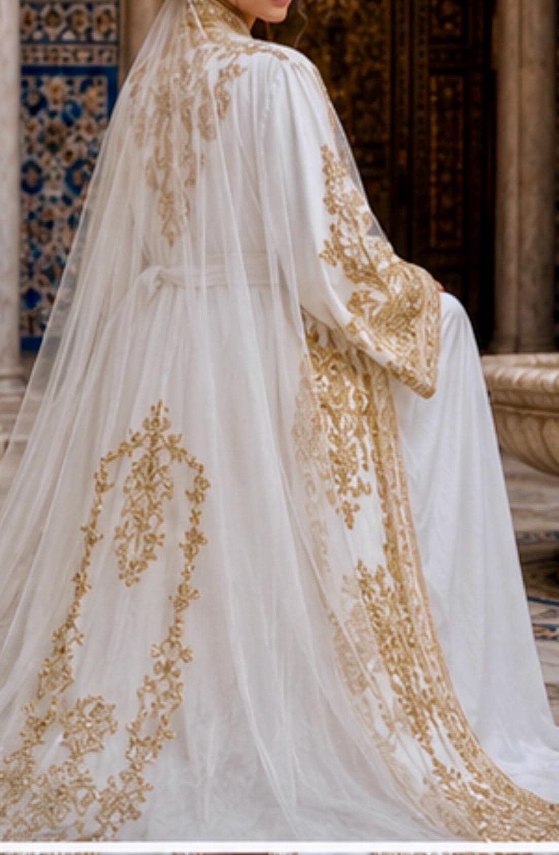 Bridal Takchita Gown Moroccan Wedding Caftan Gold Embroidered Traditional Design Two Piece Kaftan Dress Beadwork Details Sleeveless Style V Neckline Inner Dress Satin Lined Outer Layer Elegant Wedding Ceremony Gown Formal Bridal Attire