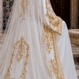 Bridal Takchita Gown Moroccan Wedding Caftan Gold Embroidered Traditional Design Two Piece Kaftan Dress Beadwork Details Sleeveless Style V Neckline Inner Dress Satin Lined Outer Layer Elegant Wedding Ceremony Gown Formal Bridal Attire